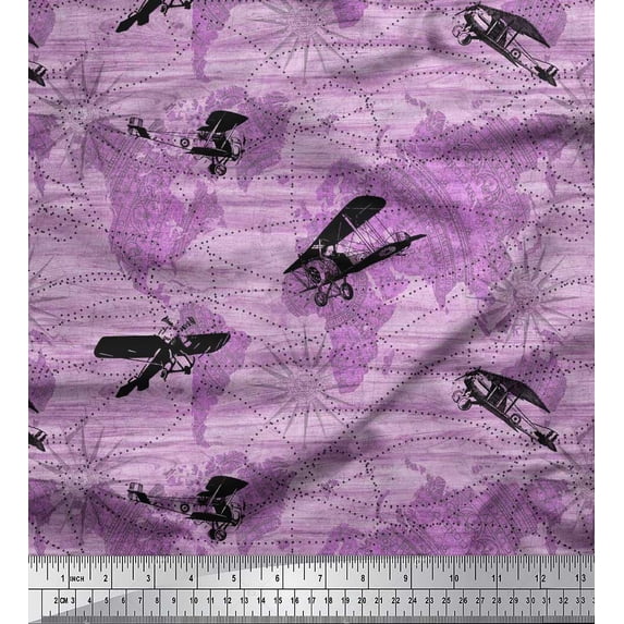 Soimoi Moss Georgette Fabric Dot,Airplane & Map Printed Fabric 1 Yard 42 Inch Wide