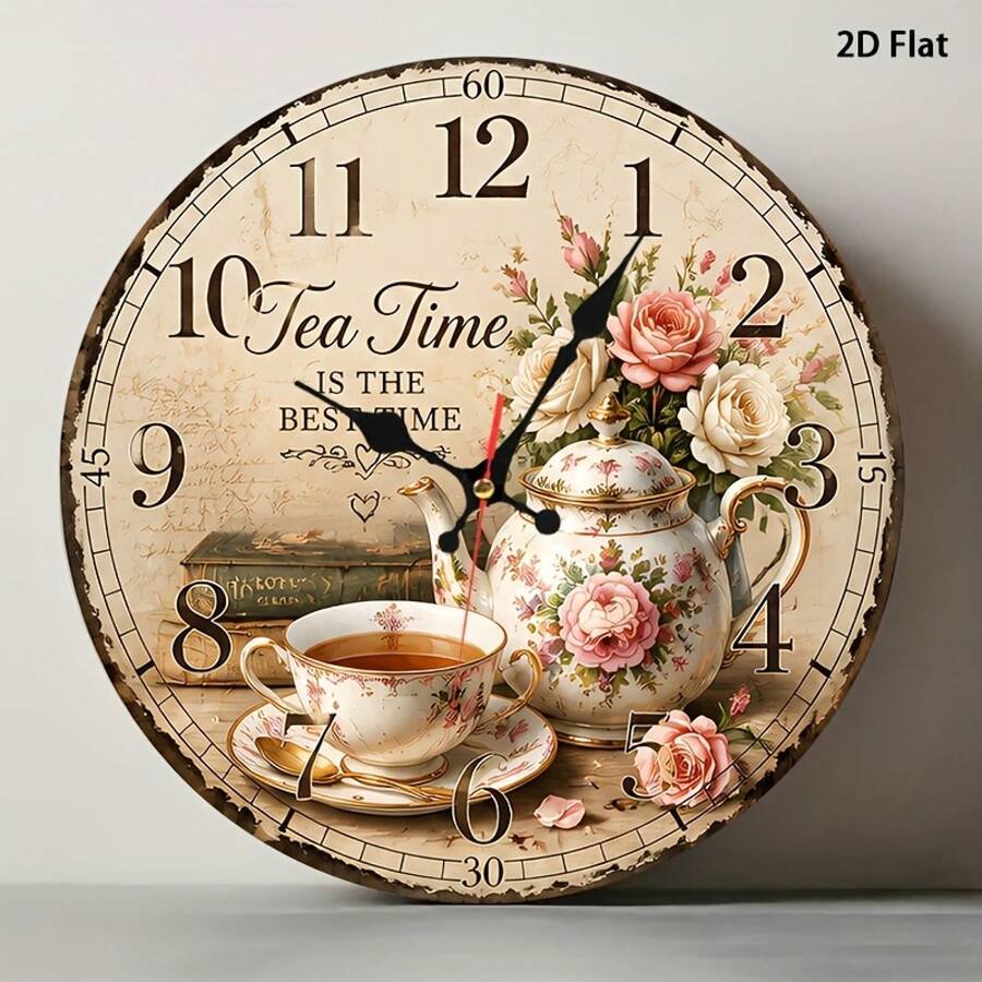 Vintage Tea Time Rose Round Wall Clock, Silent Non Ticking Kitchen Clock, Shabby Chic Floral Tea