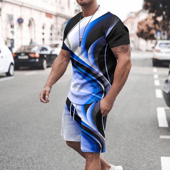 UVEASISHA Big and Tall Short Set for Men 2 Piece Outfits 3D Printed Tracksuits Fahion Workout Athletic Set with Pocket Blue L