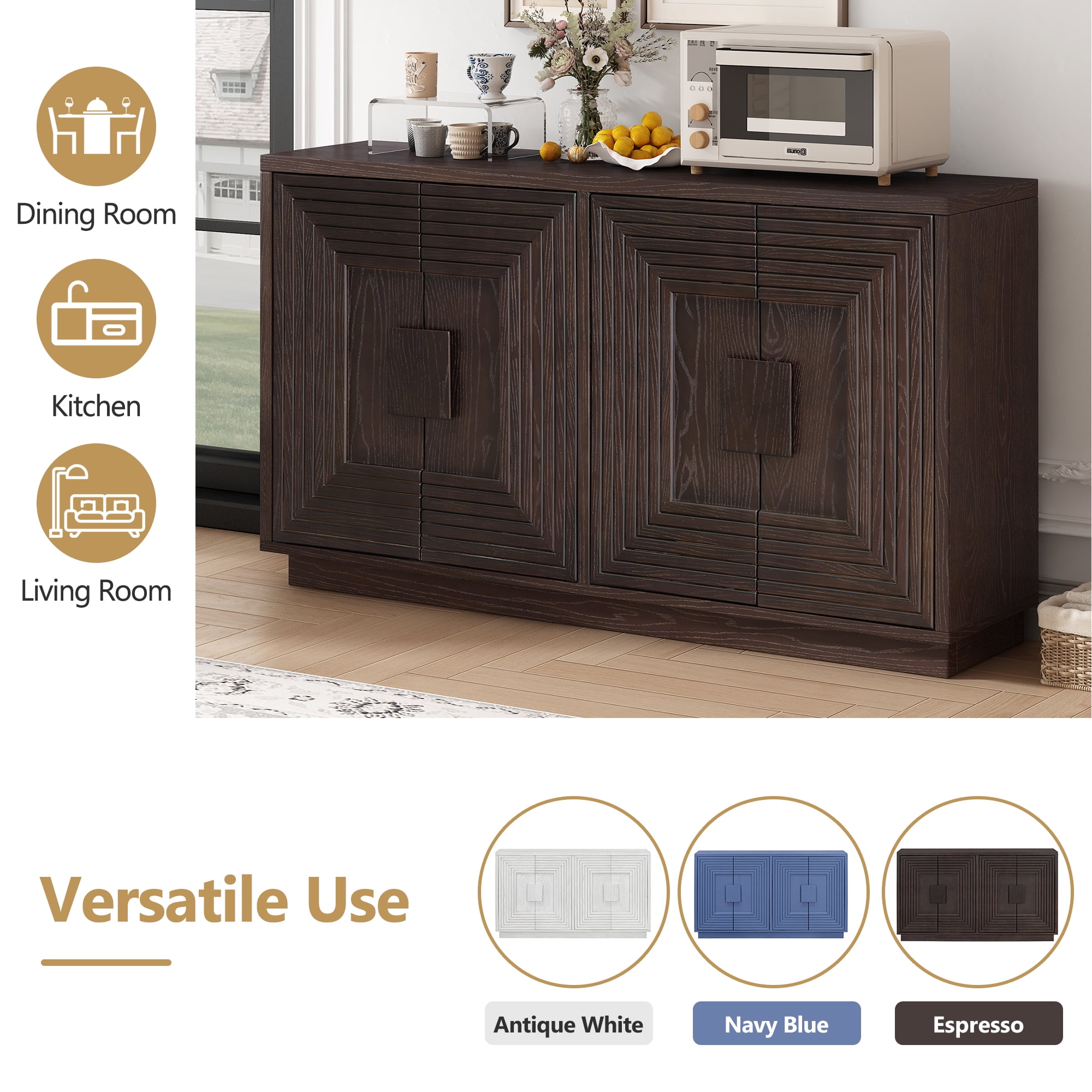 MAYEERTY 4-Door Vintage Fluted Buffet Cabinet with Adjustable Shelves for Dining Room, Kitchen, Living Room, Espresso