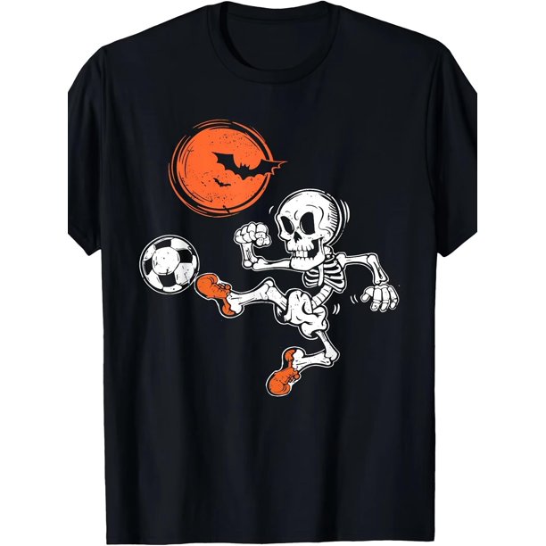 Halloween T-shirt - Boys' Funny Soccer Skeleton Graphic T-Shirt - Black with orange Soccer Ball & Goalpost Print, Spooky Design for Halloween Parties, Sports Fans & Casual attire