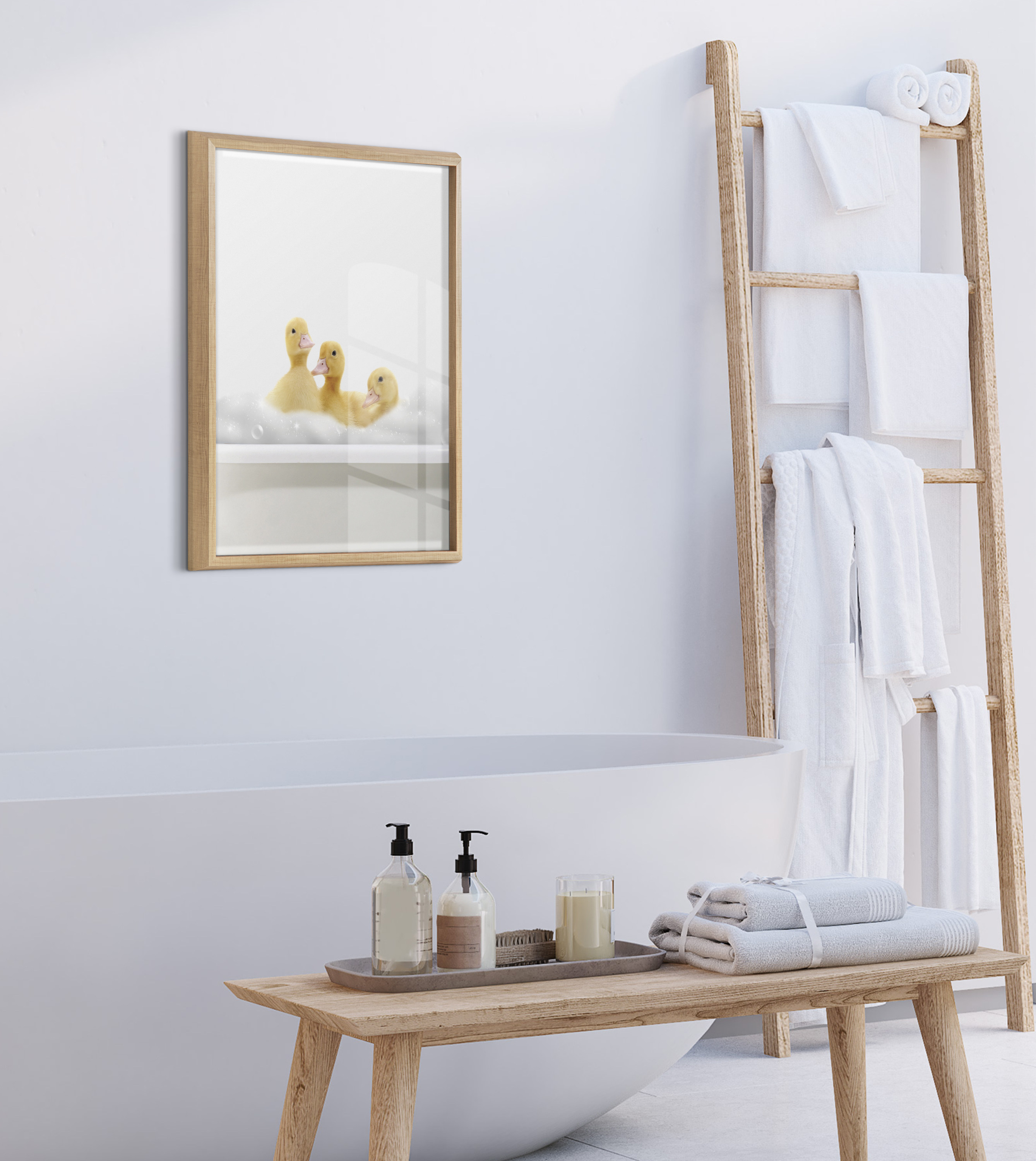 Kate and Laurel Blake Bathroom Bubble Bath 3 Ducks Framed Printed Glass Wall Art by The Creative Bunch Studio, 18x24 Natural, Adorable Baby Animal Art for Wall