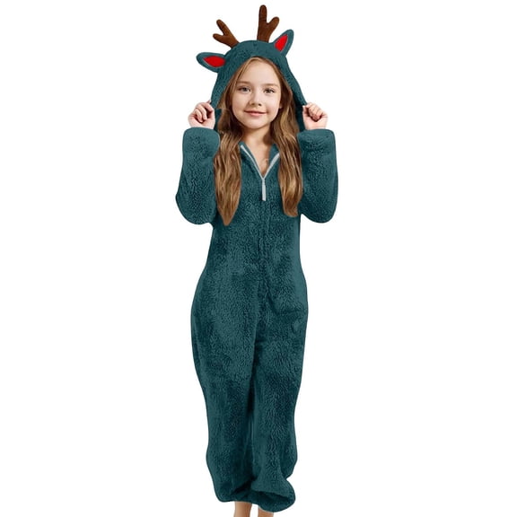 QUOTAY Cozy Winter Girls Hooded Long Sleeve Jumpsuit with Reindeer Soft Warm Playwear for Toddler and Kids Green,8-9 Years