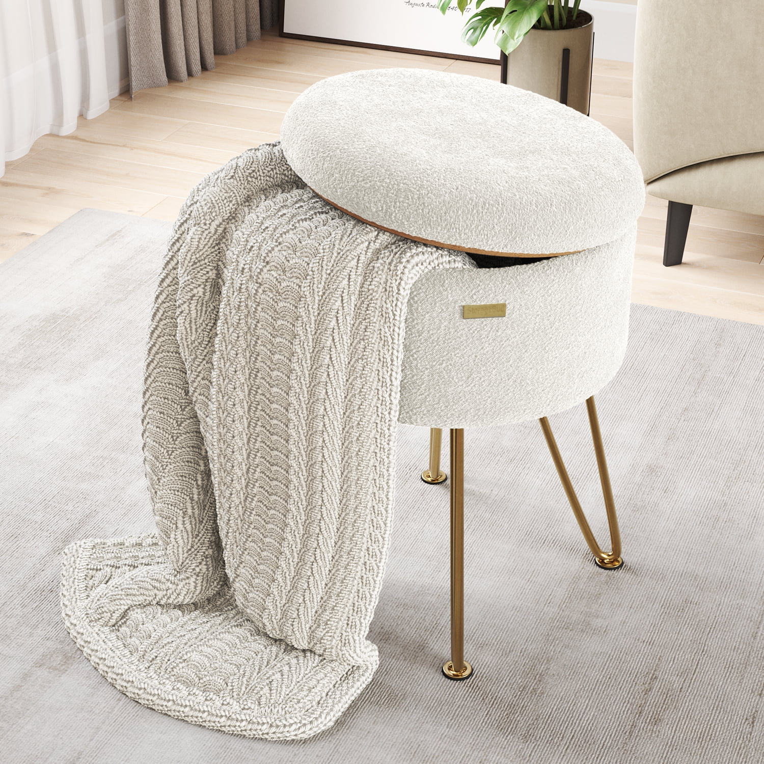 LammaLoe Small Round Ottoman with Storage, Boucle Ottoman Foot Stool with Lid, Upholstered Vanity Stool for Living Room & Bedroom, White
