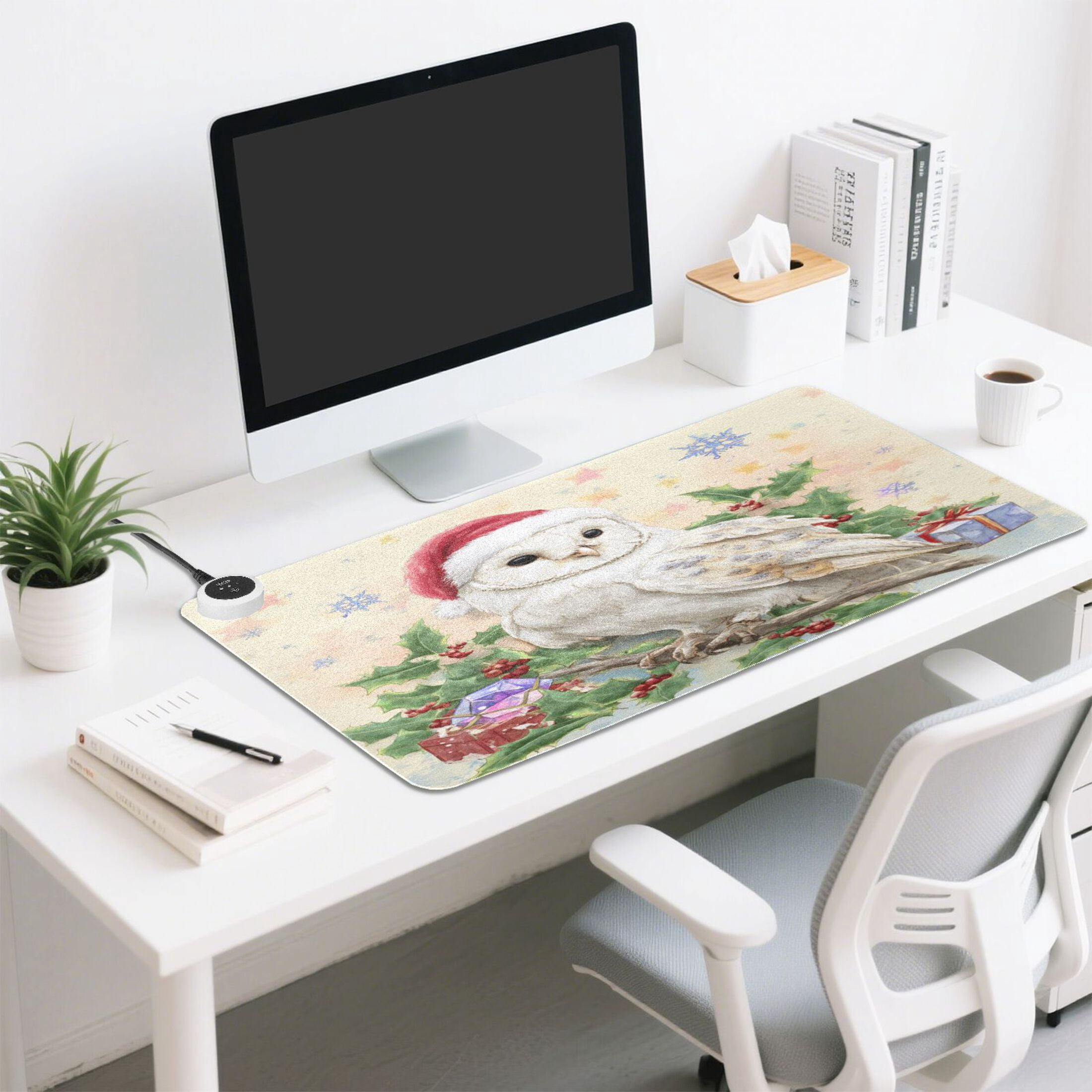 Large Heated Desk Mat Mouse Pad 31.5"x13"PU Leather Graphene Heating Desk Warmer with 3 Temperature Settings 110V US Plug Non-Slip Warm Pad for Home, Office, and Gaming Christmas Cute White Owl