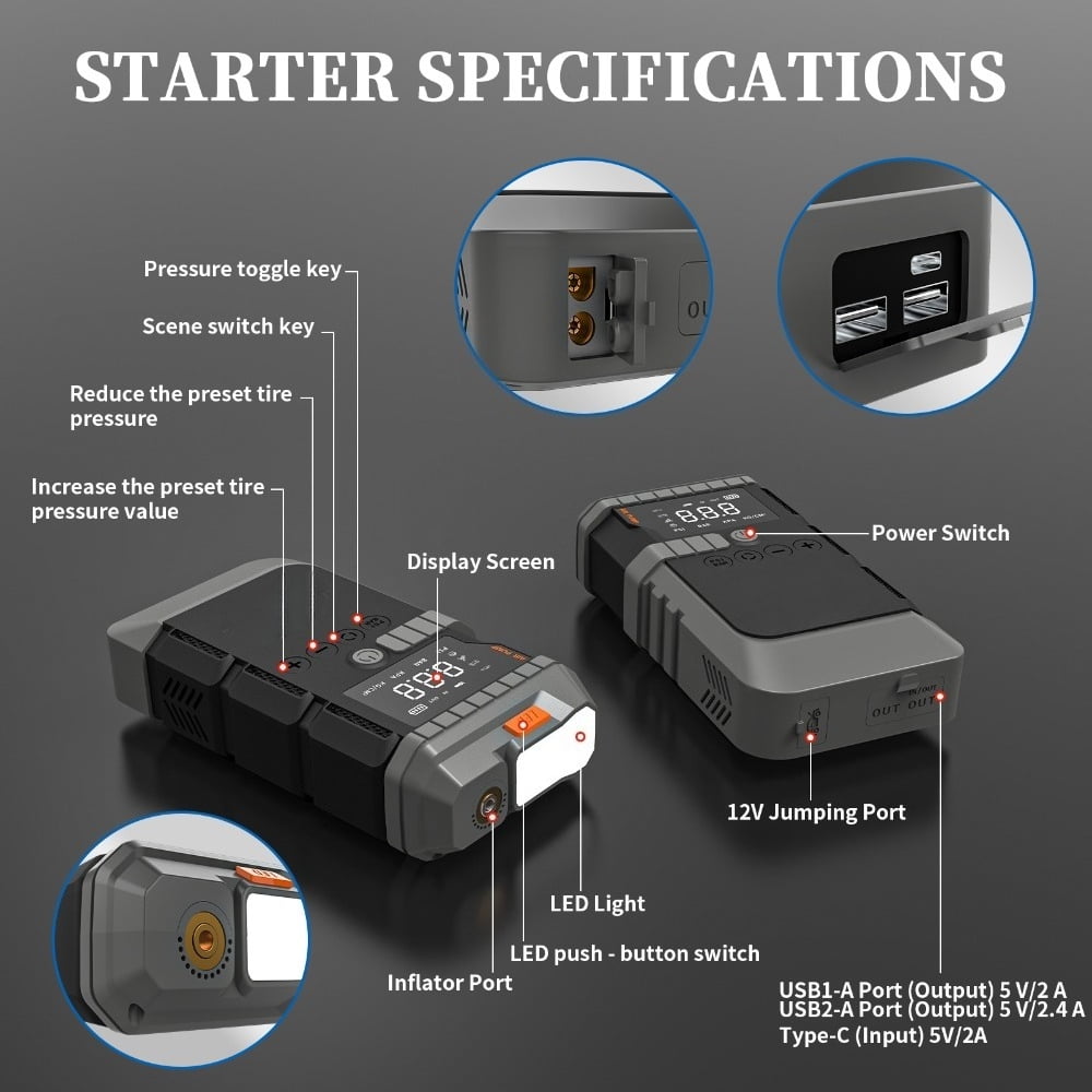 Jump Starter with Air Compressor, 4000A Battery Jump Starter (for 8.0L Gas or Up to 4.0L Diesel),150PSl Digital Tire Inflatorwith Emergency Light