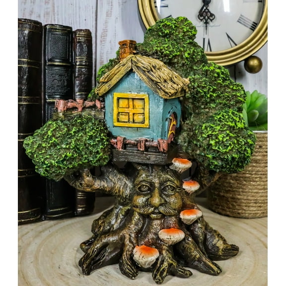 Ebros 6.5" Forest Ent Greenman Cottage Blue Nook Tree House Mushroom Conk Steps Garden Statue
