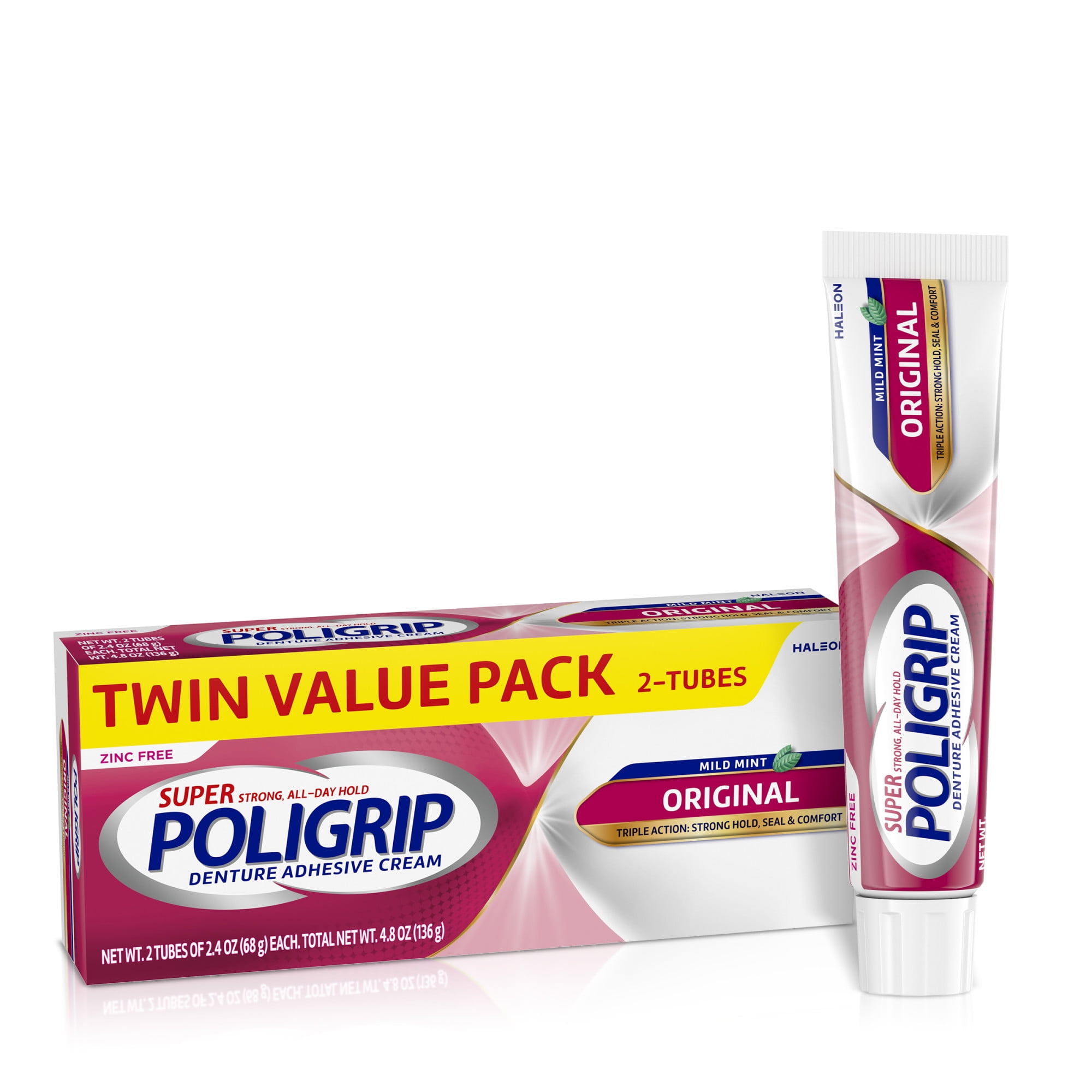 Poligrip Original Denture Adhesive Cream, Fresh Mint Flavor, Zinc-Free - 2.4 Oz (2 Pack)