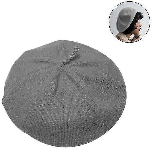 Women's Beret, French Style Hat Winter Fashion Warm Wool Lining Knitted Cap Retro Soft Solid Color Wild (Gray)