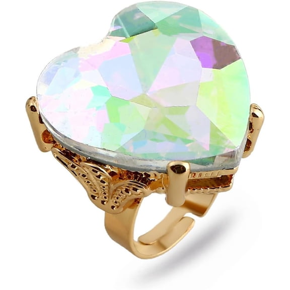 Big Diamond Heart Promise Open Band Ring for Women Girls Vintage CZ Gold-Toned Adjustable Expandable Geometric Statement Rings Comfort Fit Fashion Engagement Wedding Birthday Christmas Jewelry