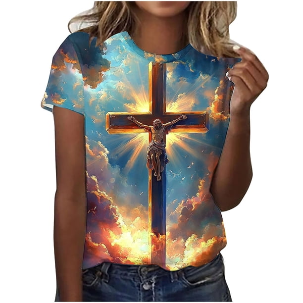 Tops de Ajuste Suelto para las Mujeres Sudadera Casual Impresa Manga Corta Cuello Redondo Superior, Poliéster