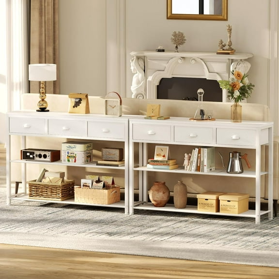 White Entryway Console Table with Storage Shelves and Fabric Drawers for Living Room Hallway