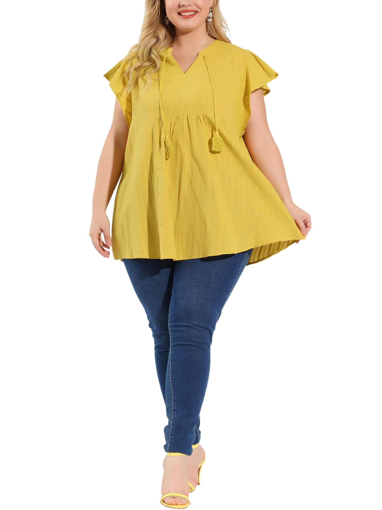 Unique Bargains Juniors' Plus Size Flutter Sleeve Drawstring Flowy Split V Neck Tunic Top Ginger 2X