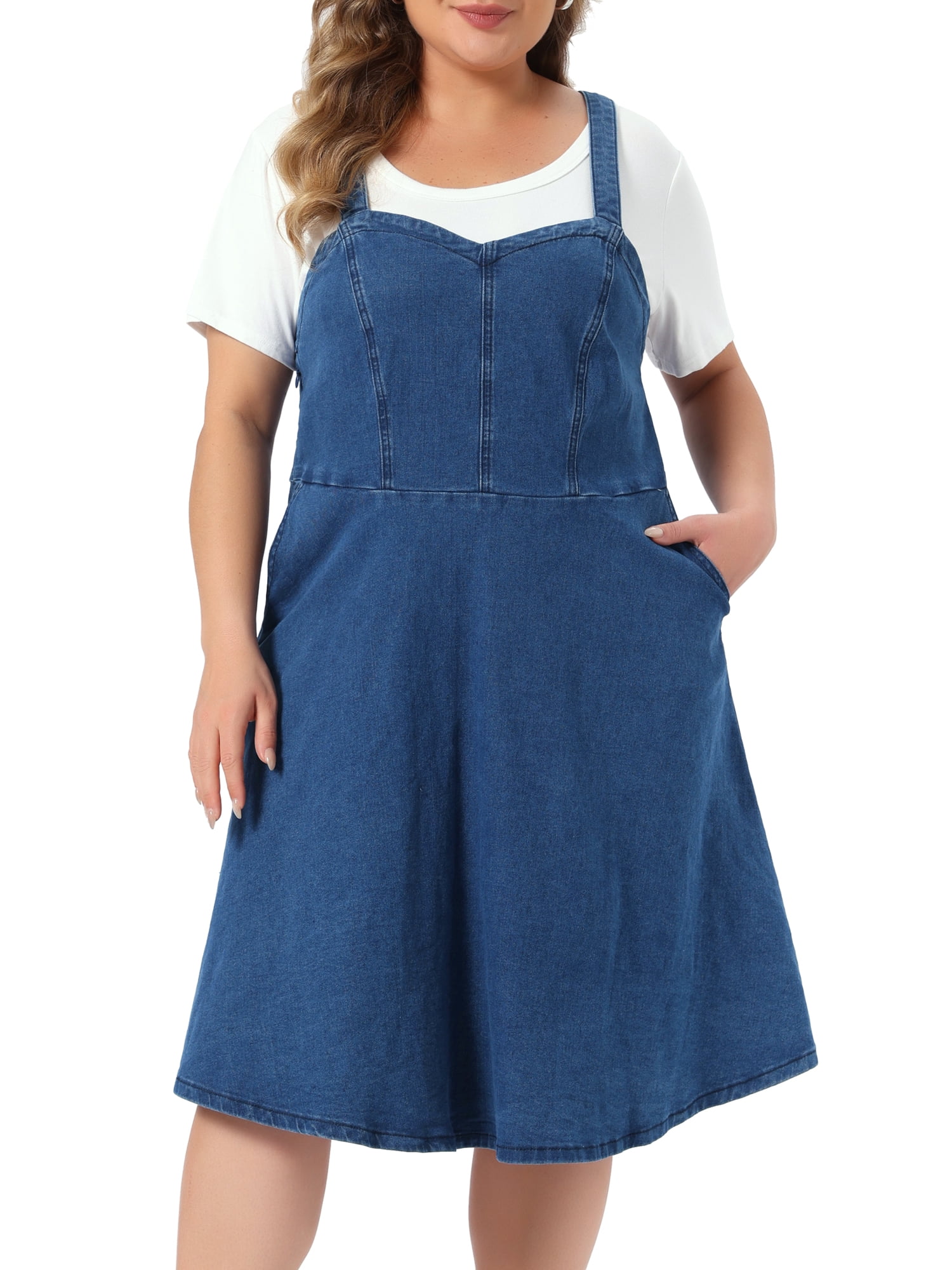 DARING DIVA Women's Plus Size Denim Overall Adjustable Straps Pockets Dress 4X Blue