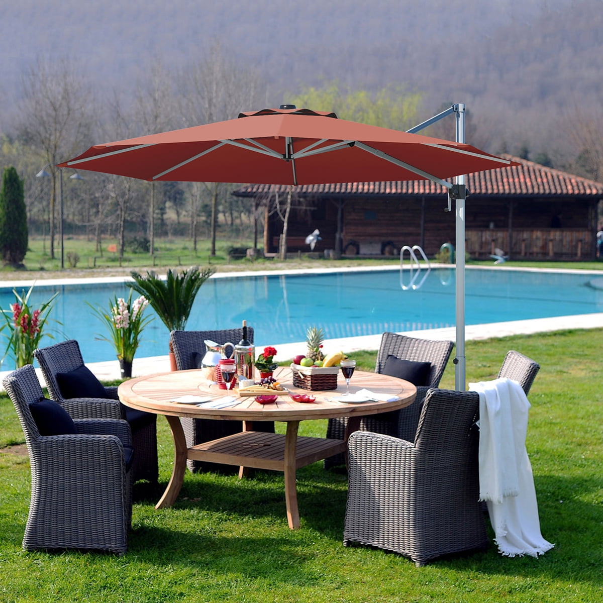 Costway 11 Patio Cantilever Offset Umbrella 360 Degrees Rotation Aluminum Tilt Brick Red Walmart Canada