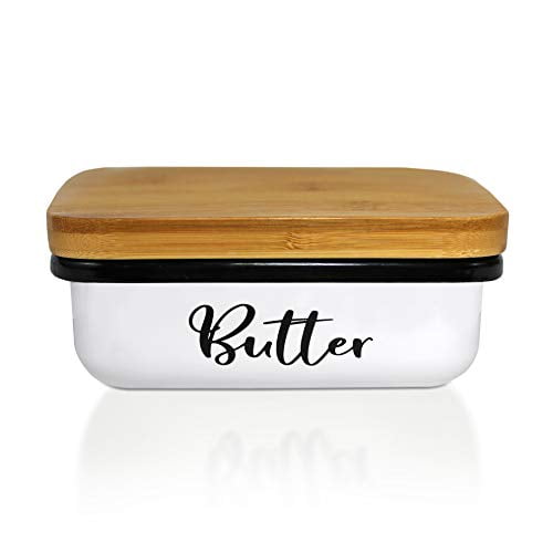 Butter Dish with Bamboo Lid LEACHUTT Metal Butter Container Holder Storage Plate with Stainless Steel Butter Knife White Wood Cover for Farmhouse Kitchen Countertop Table West East Coast Butter 