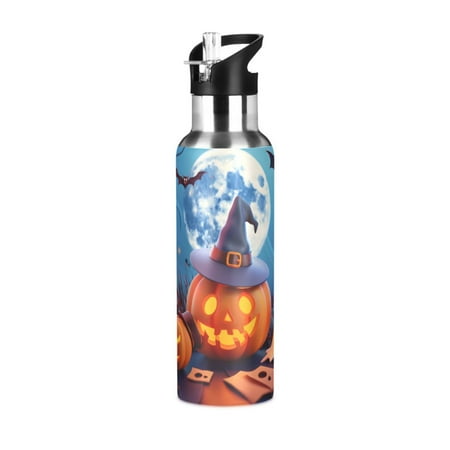 

ALAZA Halloween Pumpkins Bats Water Bottle Insulated Flask Stainless Steel Straw Lid 20 oz