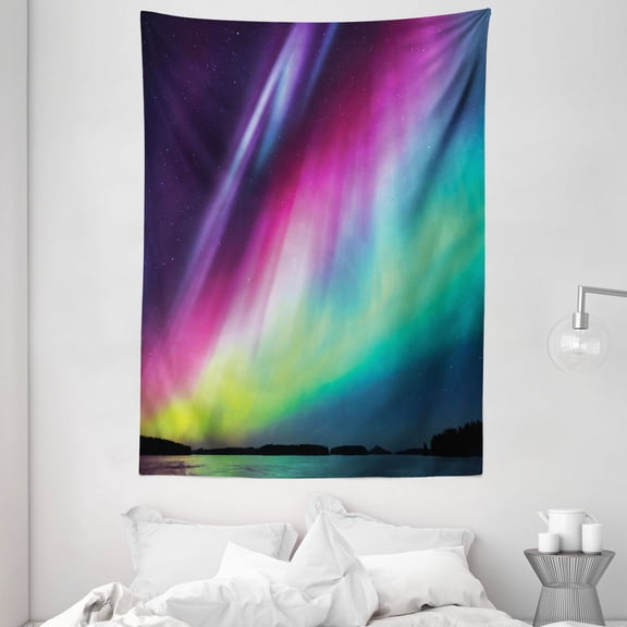 Aurora Borealis Tapestry, Colorful Weather Pattern with Rainbow Tones Starry Night Sky Illustration, Wall Hanging for Bedroom Living Room Dorm Decor, 60"W X 80"L, Multicolor, by Ambesonne