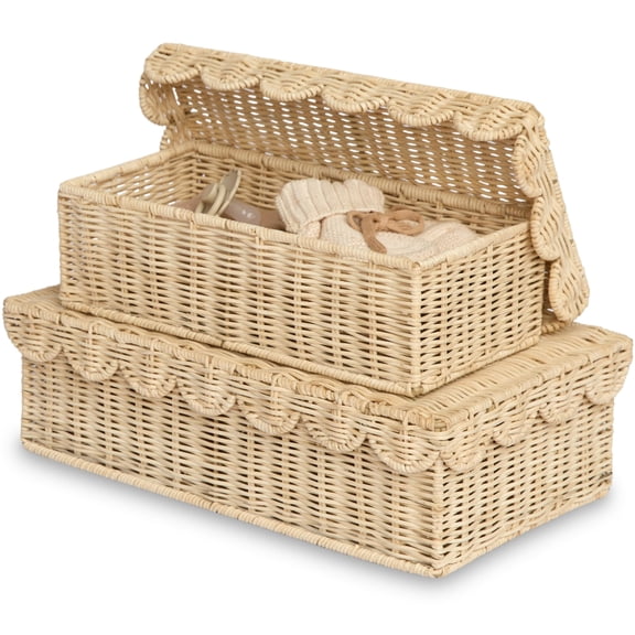 Handwoven Stackable Decorative Storage Boxes With Lids  Set Of 2 (14 * 8 4 In) - Scalloped Wicker Basket For Home Decor Keepsake Box & Memory Keepsakes