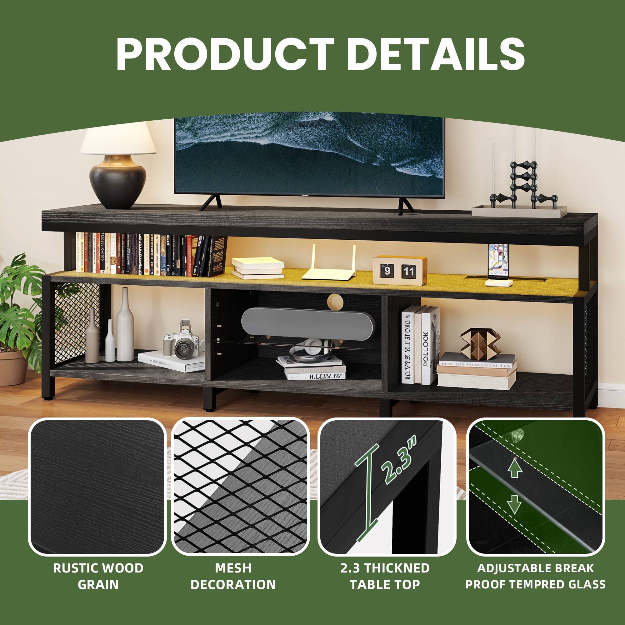 Uforic Industrial LED TV Stands for 55/60/65/70 inch w/Power Outlets, Entertainment Center TV Cabinet for Living Room, Black