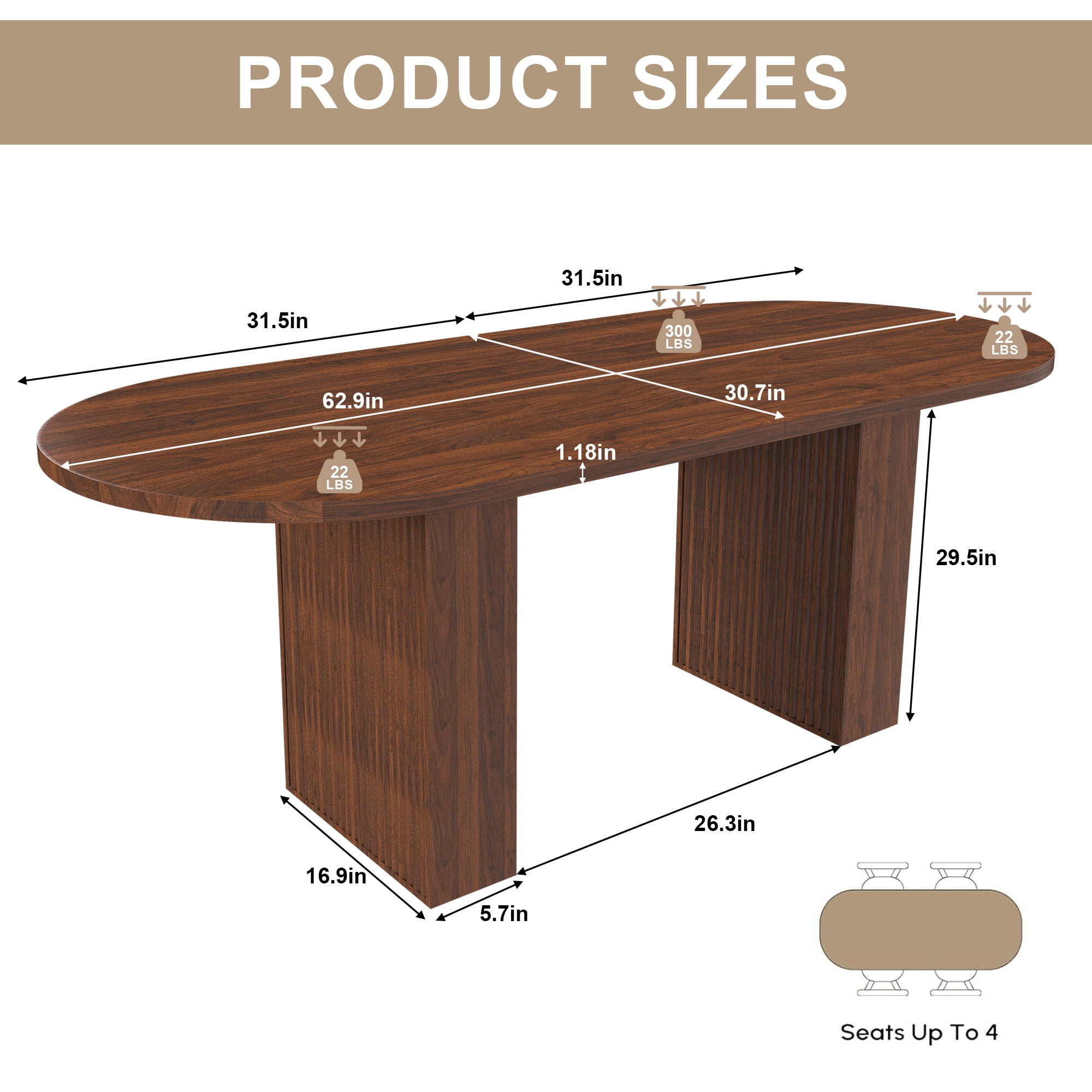Alvantor 63" Oval Dining Table for 6 People, Modern Farmhouse Dining Table with Storage Shelf, Wooden Dining Table for Dining Room Walnut (Only Table)