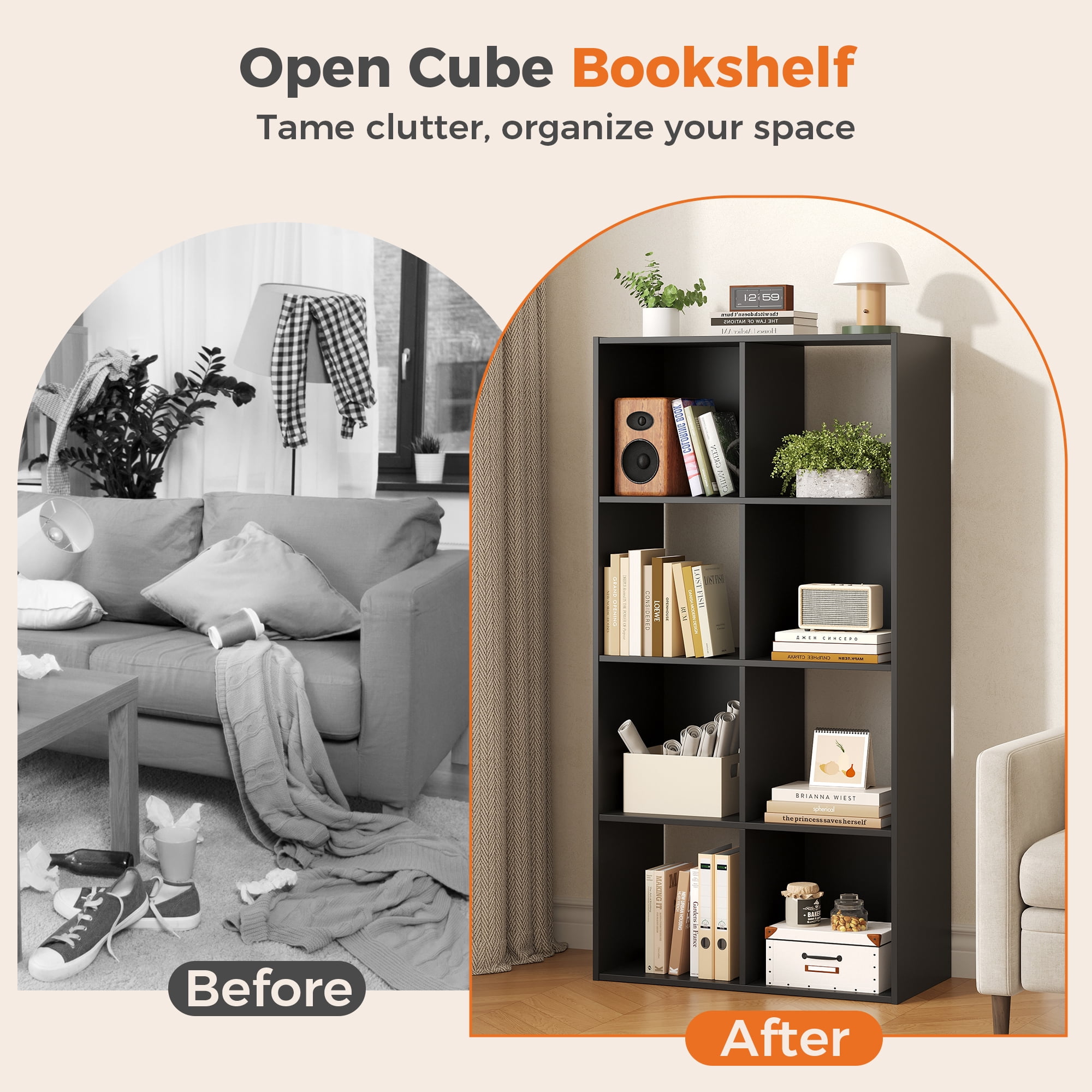 CONCETTA 8 Cube Storage Organizer, Open Corner Bookshelf with Removable Back Panels for Living Room Bedroom Office, 24*12*48 inches, Black