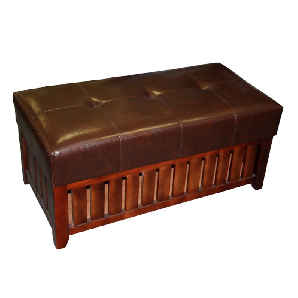 Leatherette Padded Storage Bench with Slatted Design on Frame, Brown