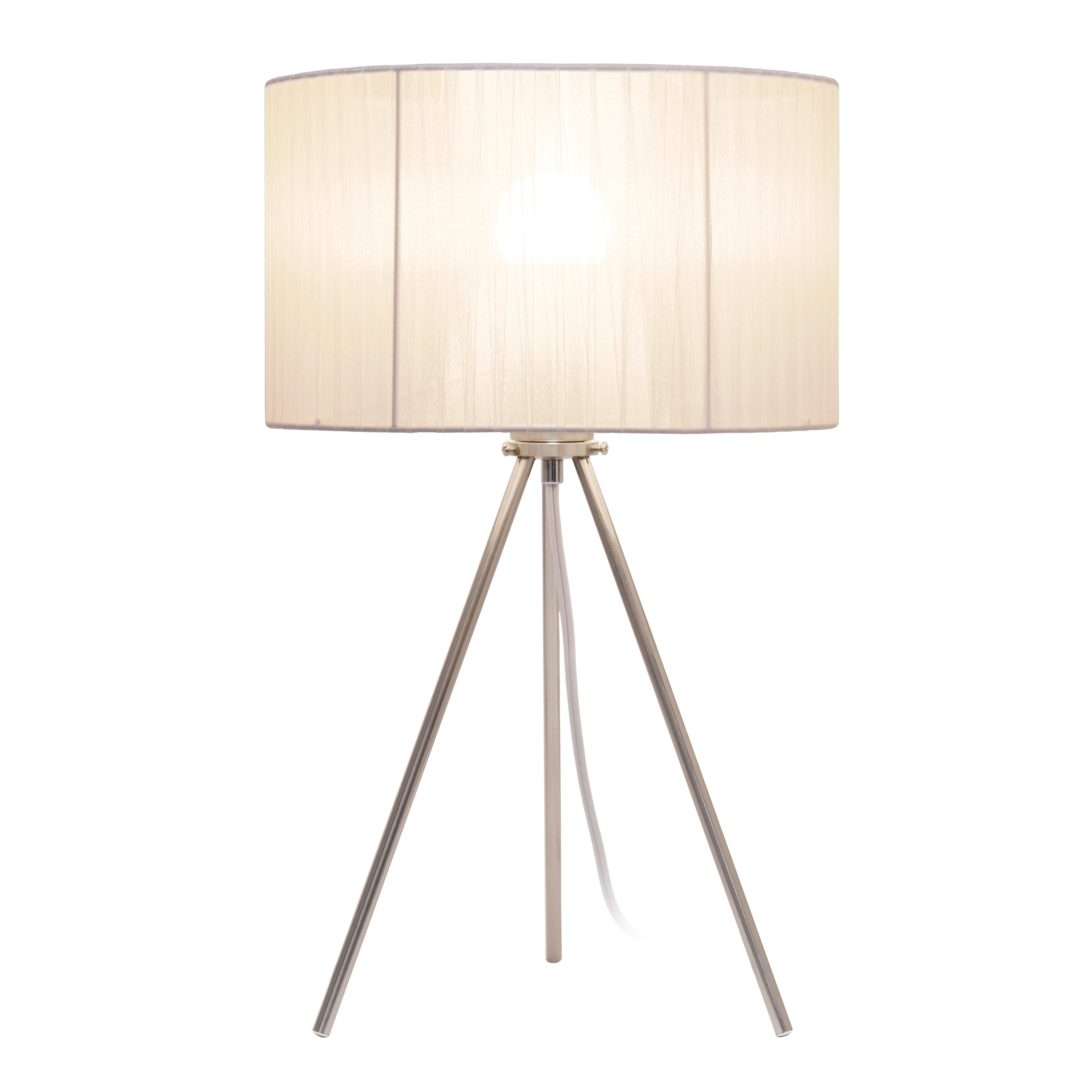 Simple Designs 19.69" Brushed Nickel Tripod Table Lamp and Pleated Silk Sheer Shade with LED Bulb, White