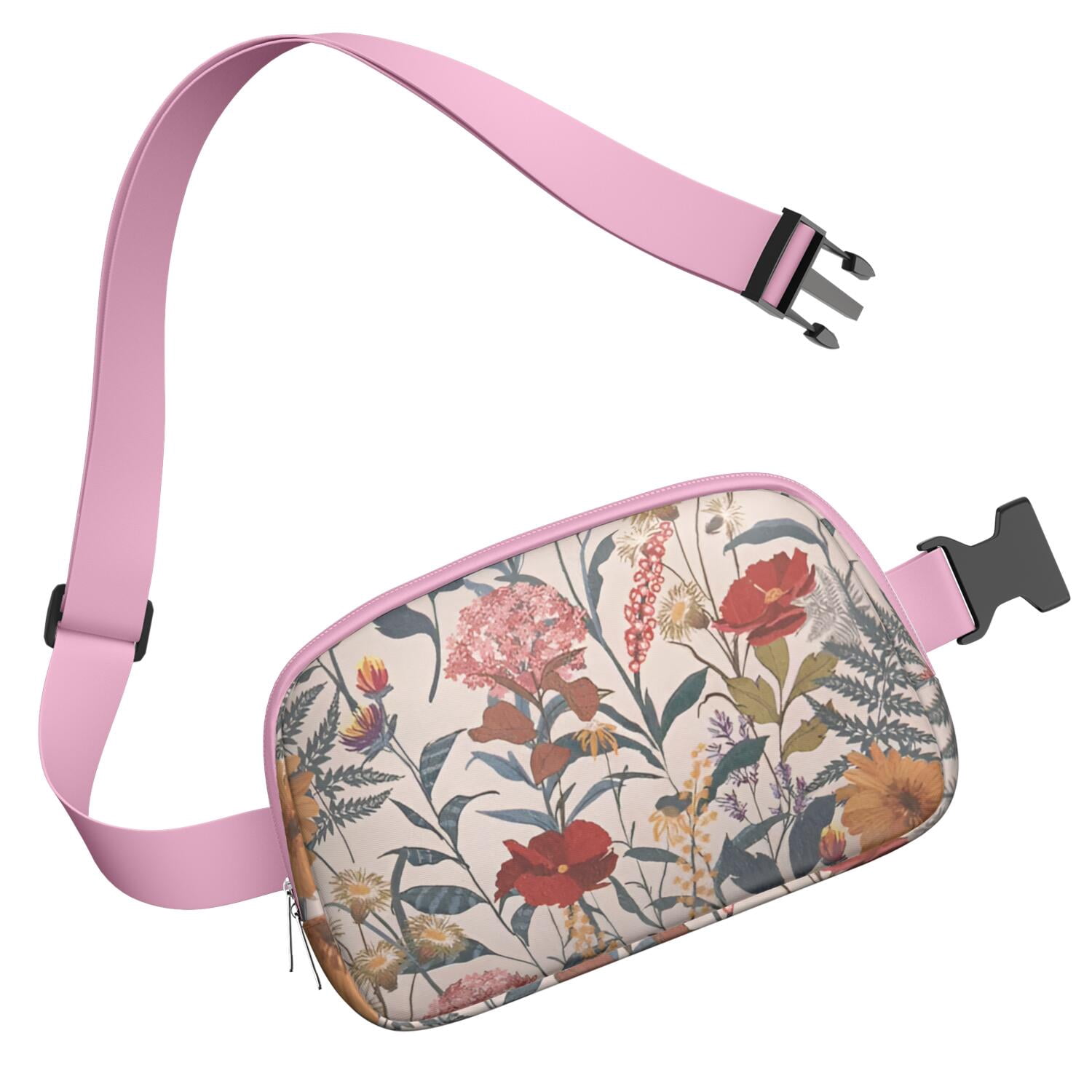 Bright Floral Fanny Pack – Summer Garden Waist Bag with Artistic Bloom, Peonies, Bees & Tropical Leaf Accents