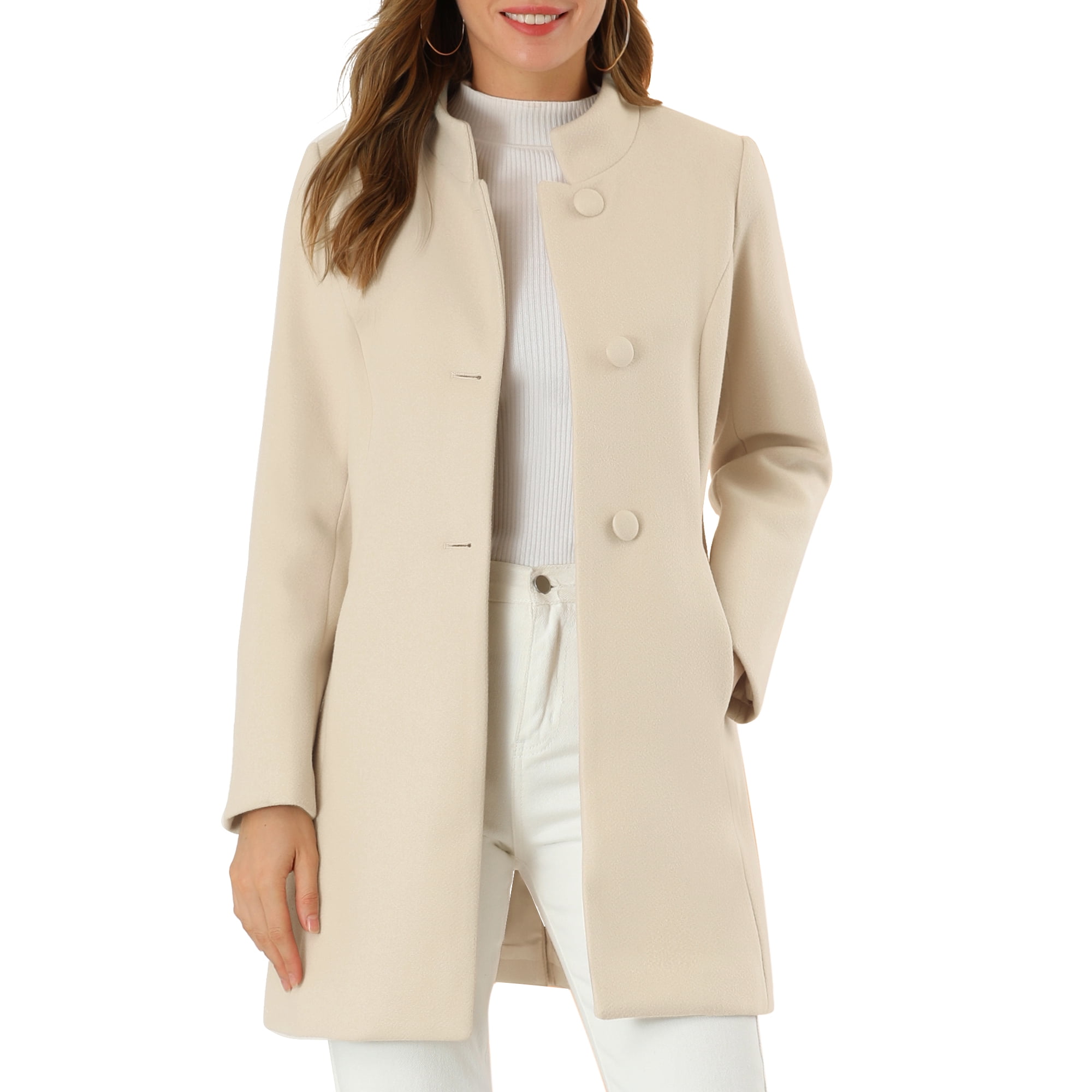 INSPIRE CHIC Women's Mid-Length Stand Collar Coat Single Breasted Winter Overcoat with Slant Pockets & Full Lining Beige XS