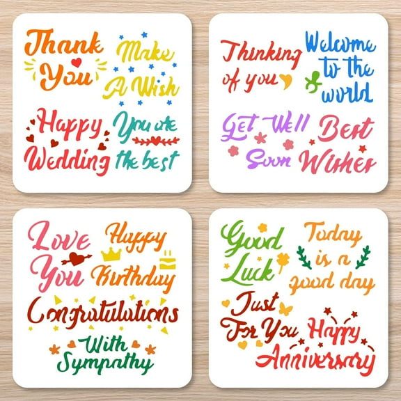 4pcs Blessing Word Wall Stencil Happy Birthday Alphabet Stencils for Crafts Large Letter Stencils for Painting 5.9x5.9 for Painting on Wood Canvas Paper Fabric Wall Furniture DIY Template