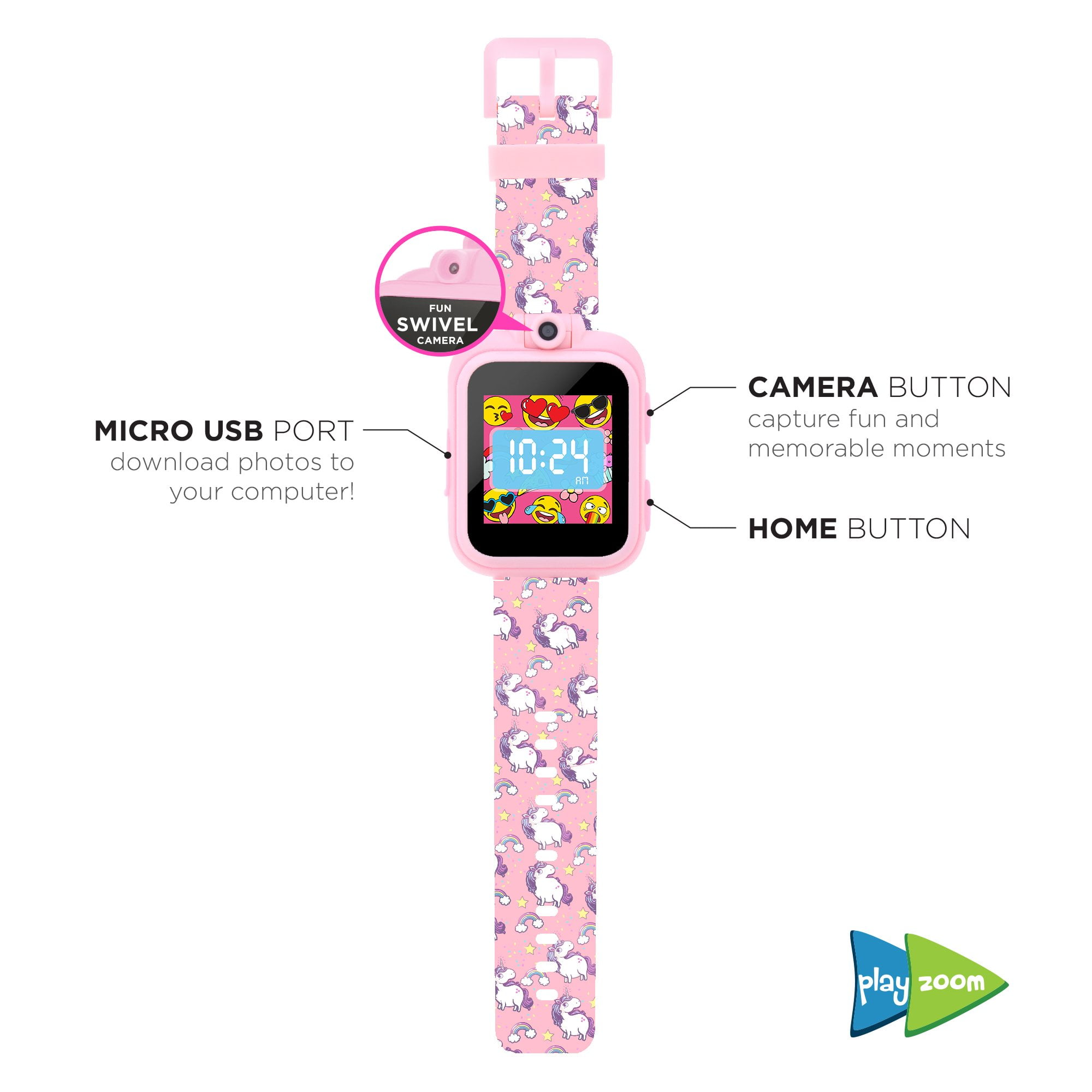 PlayZoom Kids smart watch - Pink - Video and Camera Selfies Music Learning Educational Fun Interactive Games Touch Screen Sports Digital Watch Birthday Gift for Kids Toddlers Boys Girls Fun Prints