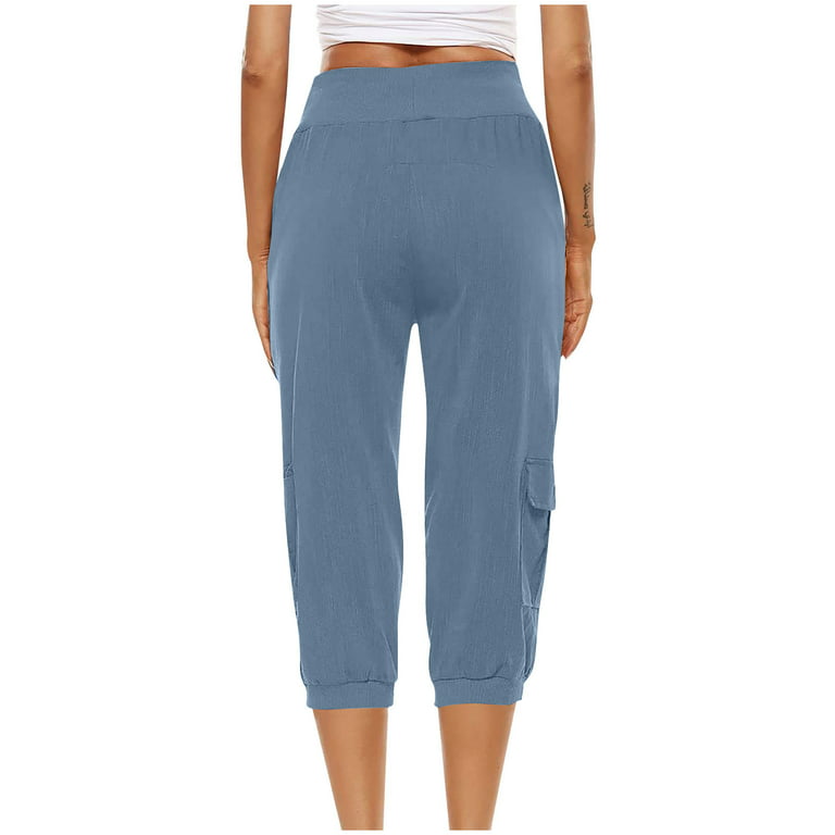 Capri Pants for Women Cotton Linen Plus Size Cargo Pants Capris Elastic  High Waisted 3/4 Slacks with Multi Pockets (XX-Large, Gray) 