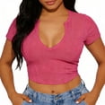 thumbnail image 5 of Staron Women's Crop Top Notched V-Neck Short Sleeve Slim Fit Ribbed Knit Casual Solid Color Tee for Streetwear Brunch Festival, Hot Pink S, 5 of 5