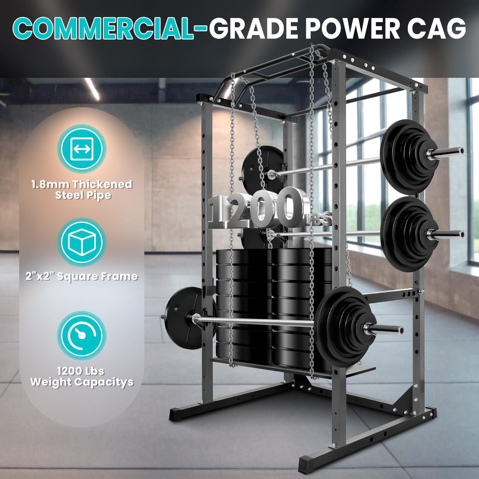 1200 Lb Black Squat Stand,Squat Rack With Angled Pull Up Bar And Resistance Band Pins,Heavy Duty Steel Construction And J-Hooks,Black Power Cage For Weightlifting Training,Black