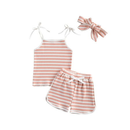 

BrilliantMe Baby Summer Sunsuit Sleeveless Vest Top Short Pants Stripe Printing Two-pieces Set with Bow Headdress Pink 1-2 Years