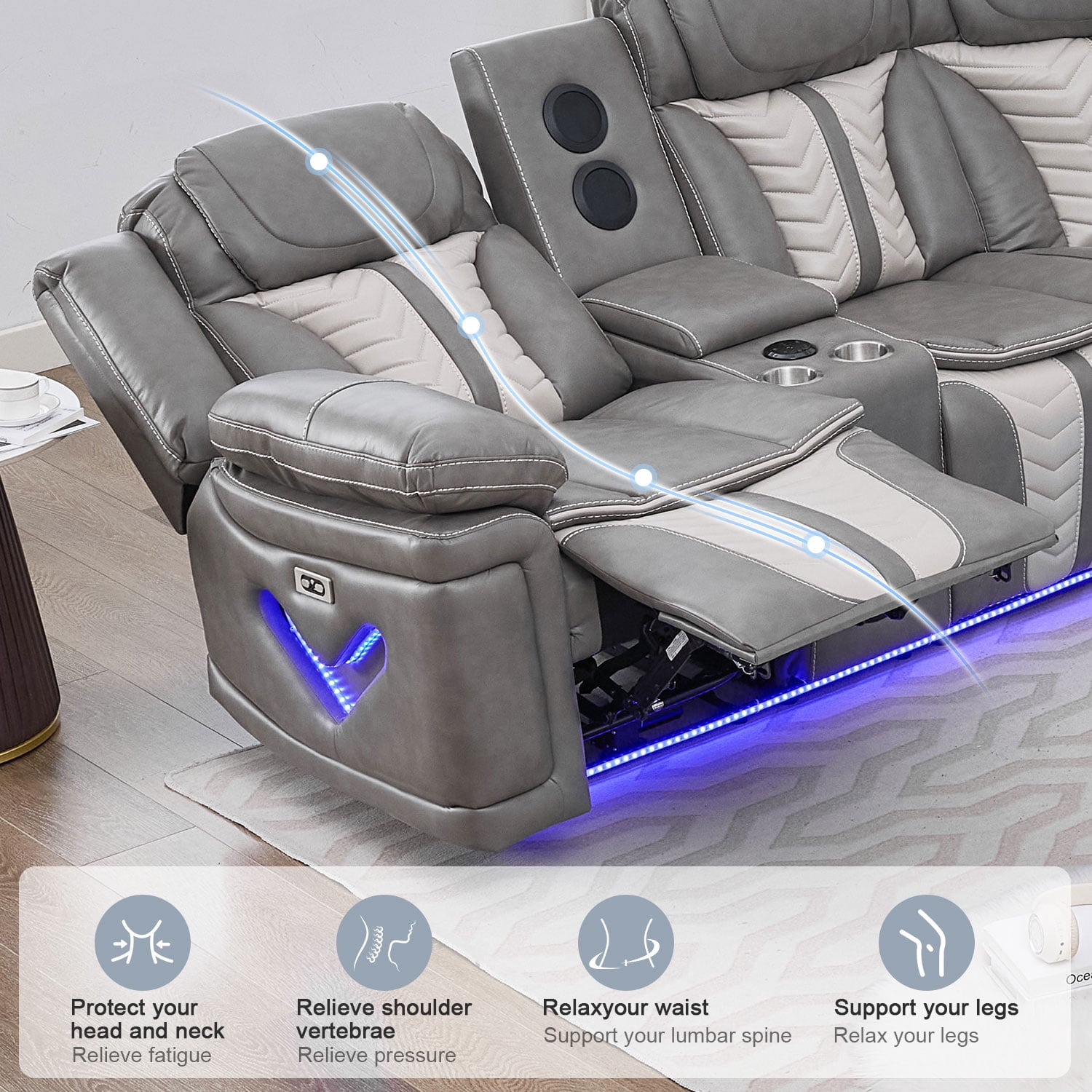 Power Reclining L-Shaped Sectional Sofa with LED Lights, Speakers, Cup Holders, Grey Faux Leather
