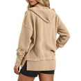 thumbnail image 3 of XIAONU Womens Hoodies Waffle Knit Button V Neck Trendy Pullover Hooded Sweatshirt Long Sleeves Side Slit Hem Solid Color Oversize Top Brown L, 3 of 7