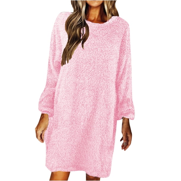 Otoño e invierno Mujer Casaul Sólido Manga larga Suelto O-cuello Peludo Suéter Vestido Fridja nbo2974