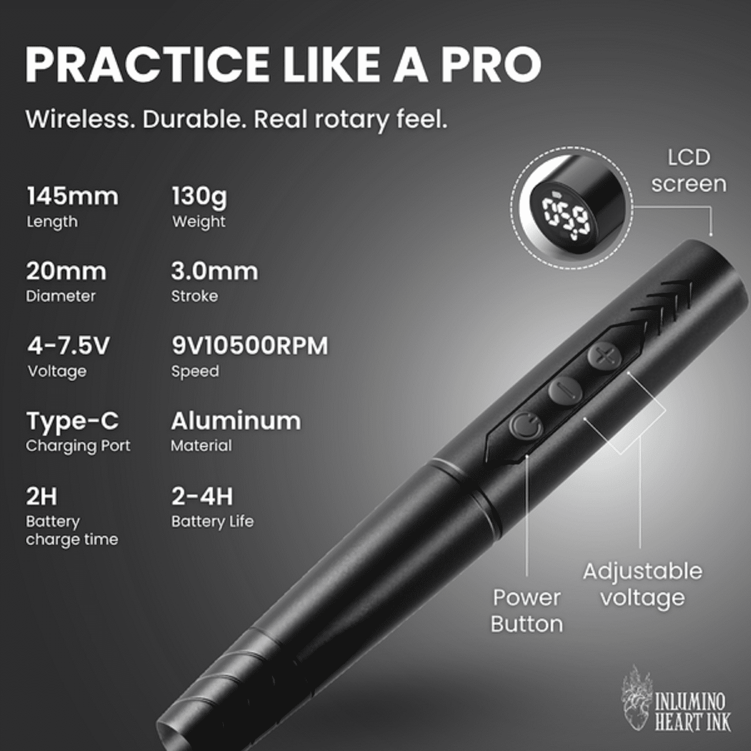Inlumino Heart Ink Tattoo Practice Pen – Wireless Rotary Dot Pen Machine with 8 Black Ballpoint Cartridges – Tattoo Training Tool