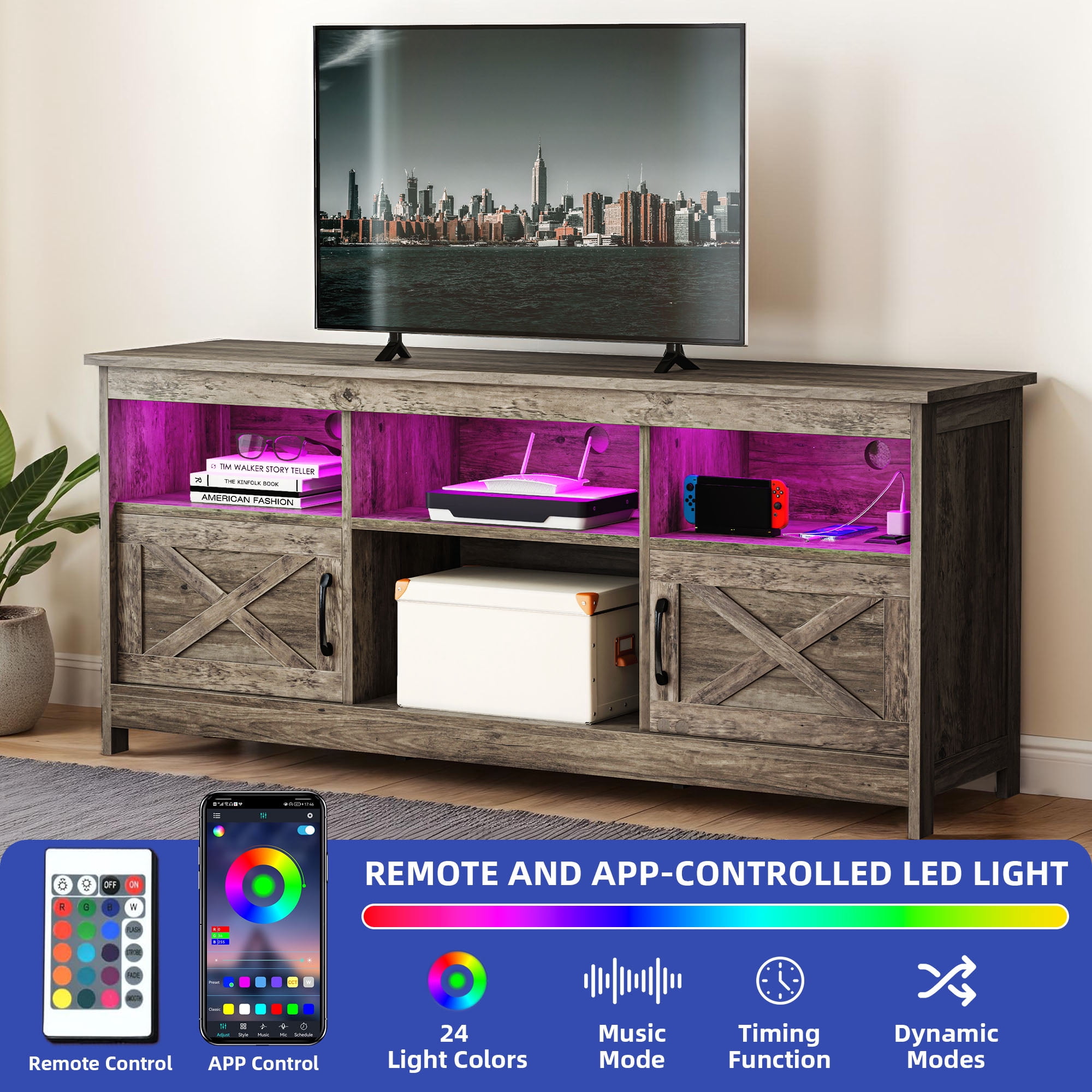 ModFusion Rustic Brown TV Stand, 70" Screen Support, Adjustable Shelves, LED Lights, 2 Doors with Magnetic Hinges, Cable Management, Freestanding Design, 300 lb Capacity
