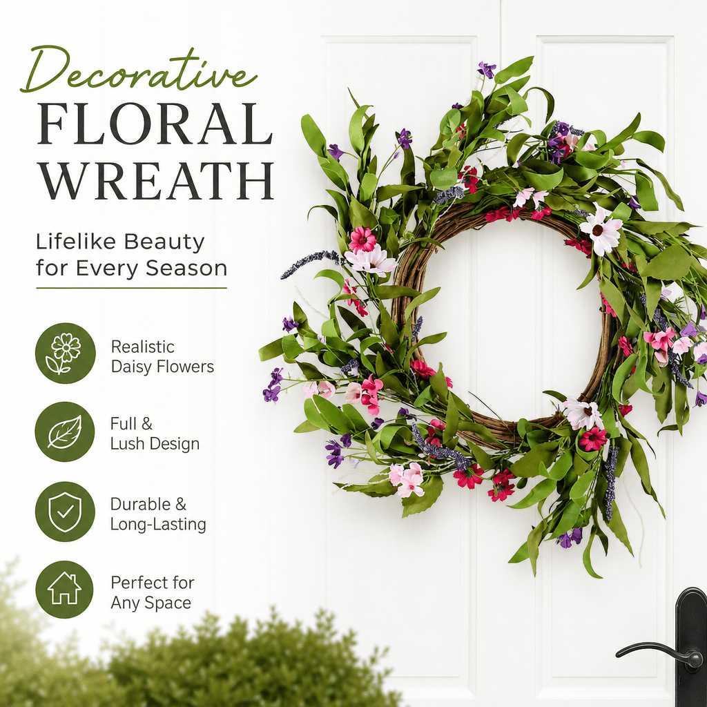 Decorative Wreath 1:1 Replica Daisy Flowers, Full Lush Lifelike Floral Wreath, Vibrant Realistic Artificial Flower Wreath for Front Door Wall Decor