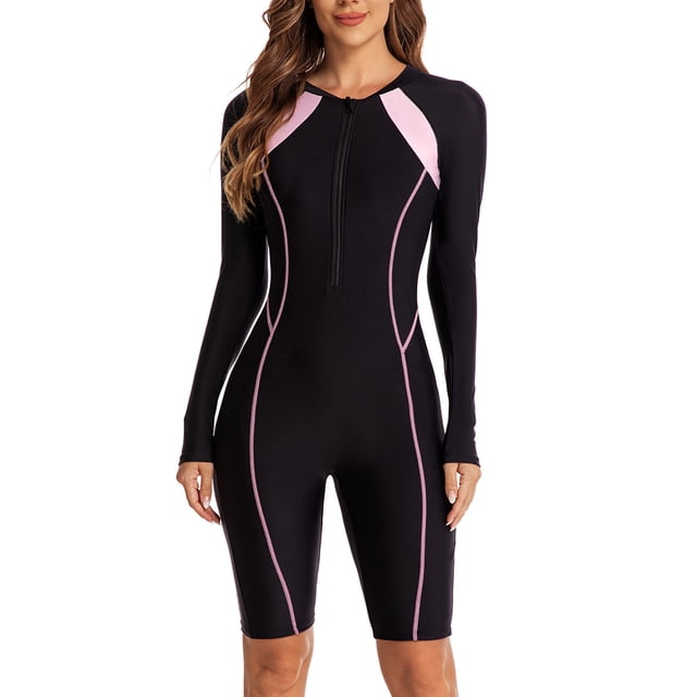 Aboser Womens UPF 50 Surf Rash Guard One Piece Long Sleeve Swimsuits Athletic Sun Protection Swimwear Zipper Front Boyleg Bathing Suit