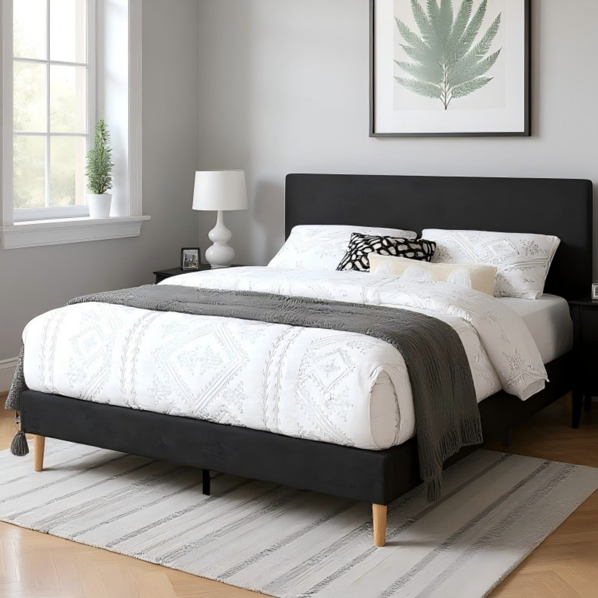 AENKYO King Size Upholstered Platform Bed Frame with Soft Teddy Velvet Headboard, No Box Spring Needed, Black