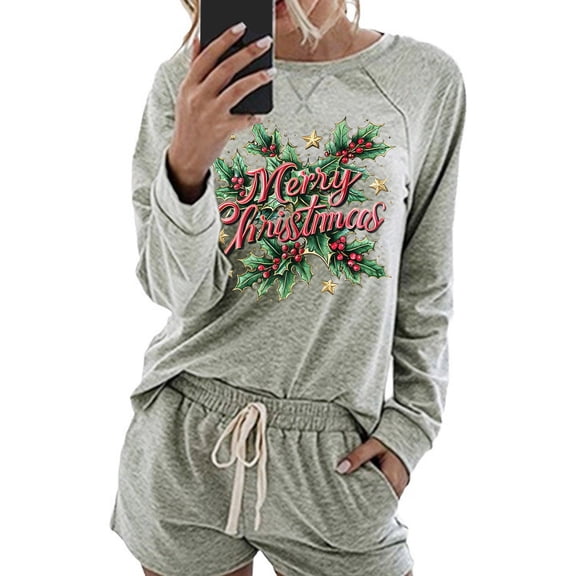 Womens Christmas Pjs Sets Crew Neck Sweatshirt Long Sleeve Blouses Tops Drawstring Relaxed Fit Shorts Causal Dressy Sleepwear Pjs Sets