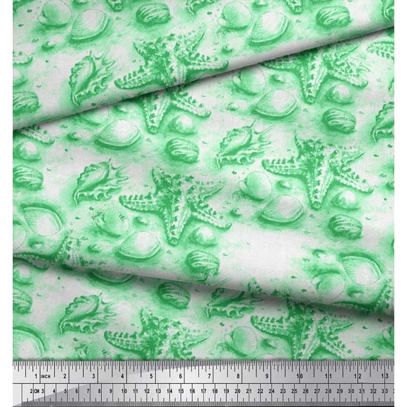 Soimoi Green Cotton Duck Fabric Shell & Starfish Ocean Print Fabric by Yard 42 Inch Wide