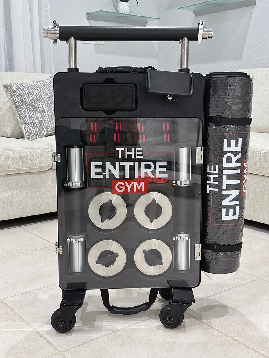 A The Entire Gym- Portable Home Gym Fitness Solution,Dumbbells Jump Rope Resistance Tube Booty Bands Workout Mat Bluetooth Speaker All-in-one Compact Full-sized Gym Rolling Case