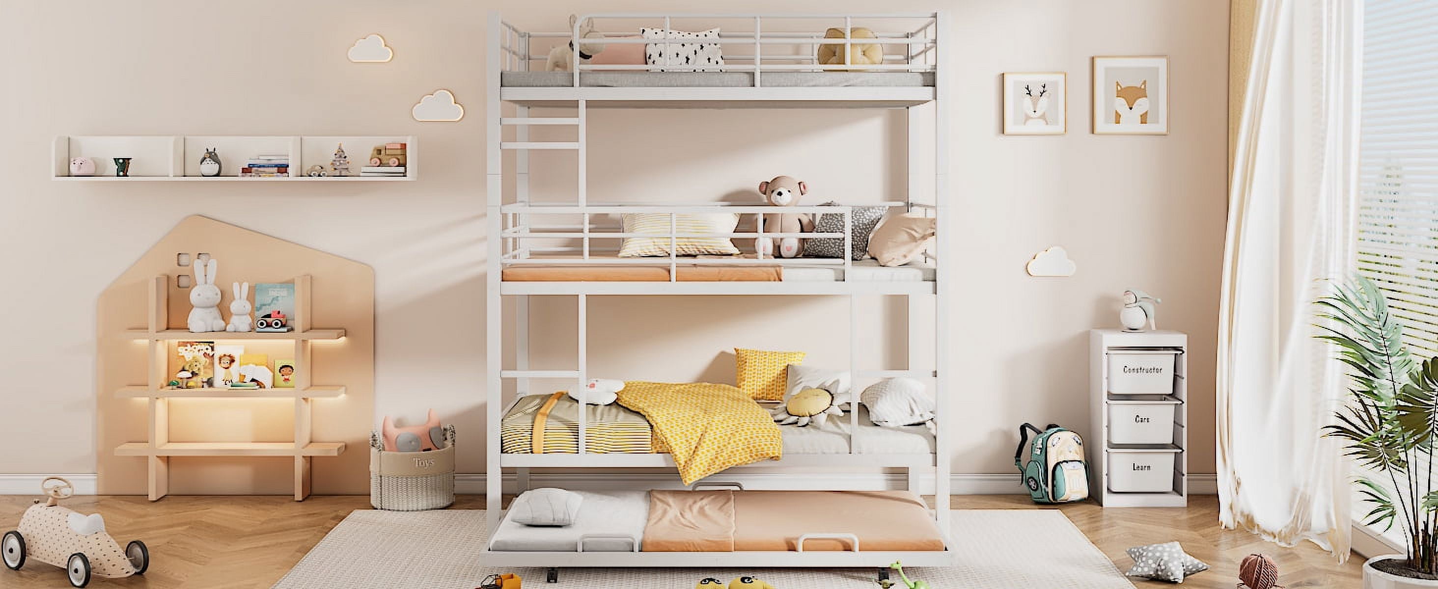 Metal Twin Size Triple Bunk Bed With Trundle, White