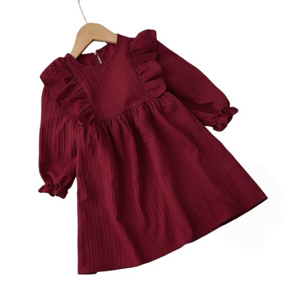 Esaierr Kids Classic Solid Dress Long Sleeve Round Neck A Line Swing Dress Spring Autumn Dresses 2-7Y