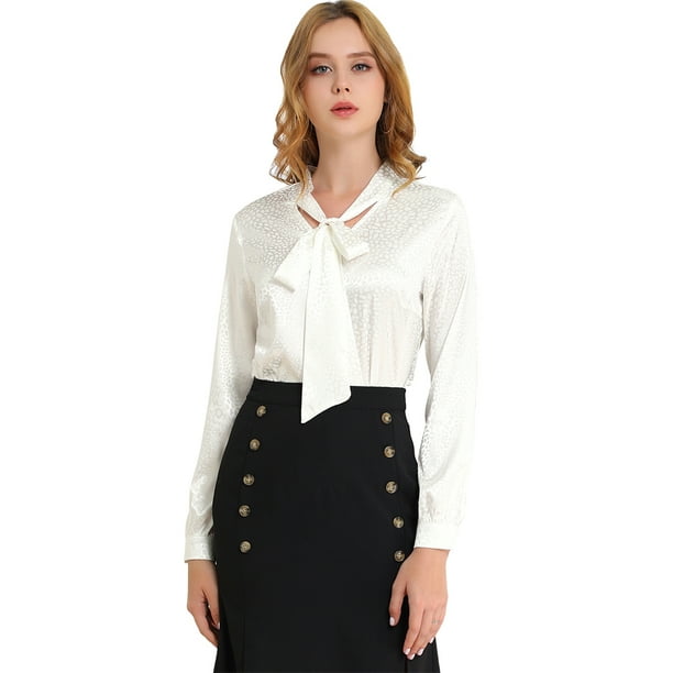 Blusa Allegra K Puntos Irregular Manga Larga Cuello Del Lazo Trabajo Casual Para Mujer Blanco XL